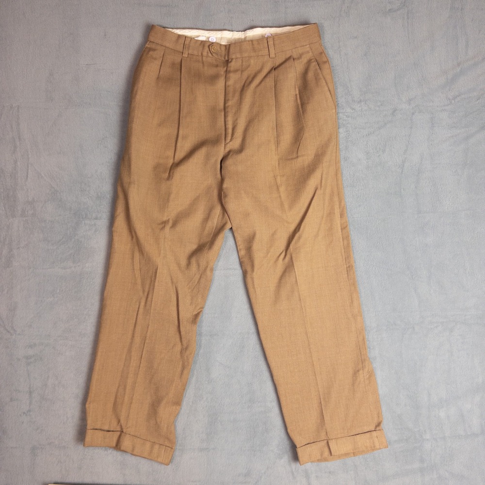 Bill Blass Platinum Pleated Trousers Mens 34x29 Brown Vintage Italy Wool Pants